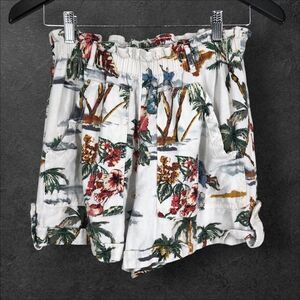 Vintage Linen Blend Tropical Island Shorts, Paperbag Elasic Waist, Pockets SZ S